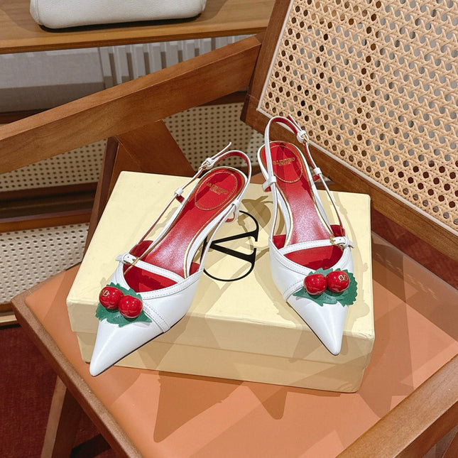 VALENTINO 26S SLINGBACKS 45 MM IN WHITE CALFSKIN CHERRY DETAILS