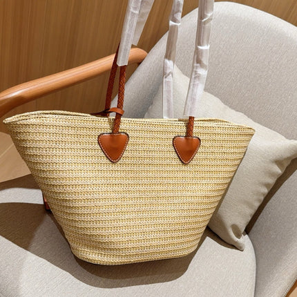 PALMETTO TOTE BAG 25 IN BEIGE WOVEN RAFFIA BROWN CALFSKIN TRIM