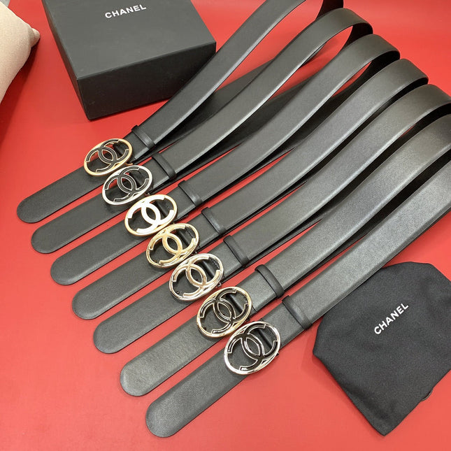CC 40 MM CIRCLE BUCKLE BELT IN BLACK CALFSKIN WITH SILVER HARDWARE
