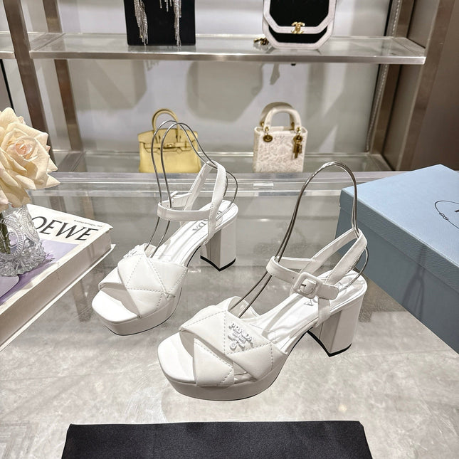 PRADA 25S HIGH-HEEL SANDALS 85 MM IN WHITE LAMBSKIN