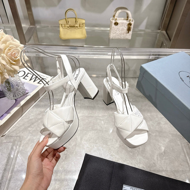 PRADA 25S HIGH-HEEL SANDALS 85 MM IN WHITE LAMBSKIN