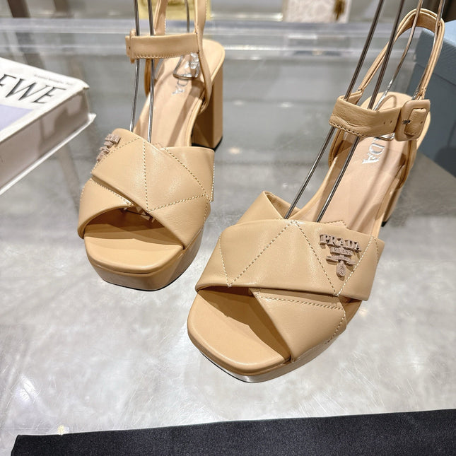 PRADA 25S HIGH-HEEL SANDALS 85 MM IN LIGHT WARM BEIGE LAMBSKIN
