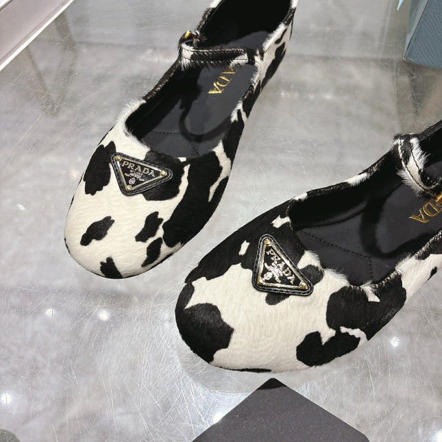 PRADA 25S MARY JANE BALLETS IN BLACK MIX CREAM WHITE HORSEHAIR FABRIC
