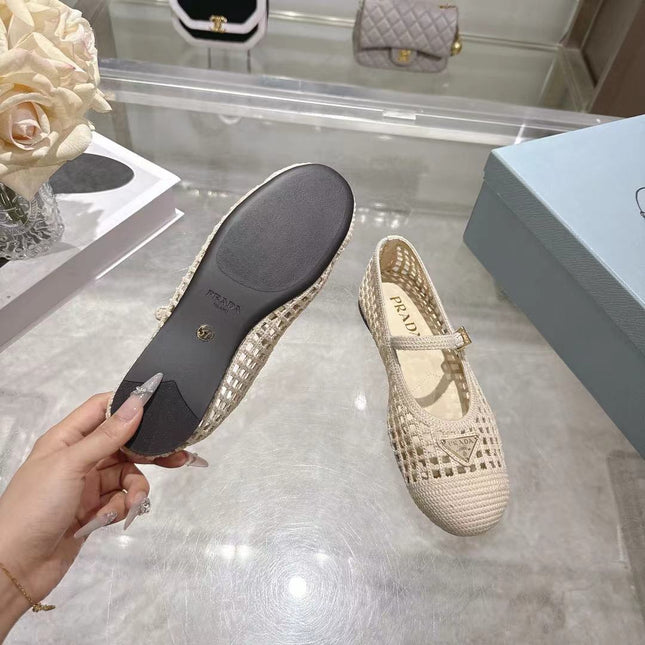 PRADA 26S LOGO PLAQUE MARY JANE FLATS IN CREAM WHITE WOVEN FIBER