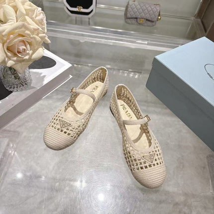 PRADA 26S LOGO PLAQUE MARY JANE FLATS IN CREAM WHITE WOVEN FIBER