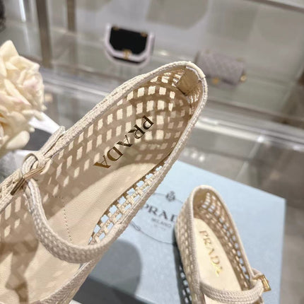 PRADA 26S LOGO PLAQUE MARY JANE FLATS IN CREAM WHITE WOVEN FIBER