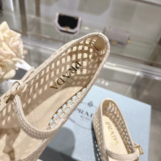 PRADA 26S LOGO PLAQUE MARY JANE FLATS IN CREAM WHITE WOVEN FIBER