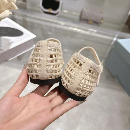 PRADA 26S LOGO PLAQUE MARY JANE FLATS IN CREAM WHITE WOVEN FIBER