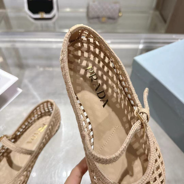 PRADA 26S LOGO PLAQUE MARY JANE FLATS IN NUDE BEIGE WOVEN FIBER