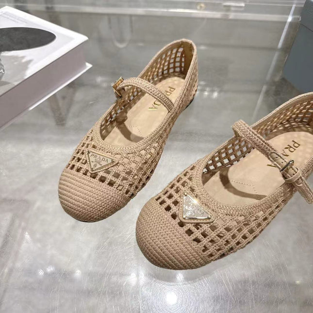 PRADA 26S LOGO PLAQUE MARY JANE FLATS IN NUDE BEIGE WOVEN FIBER