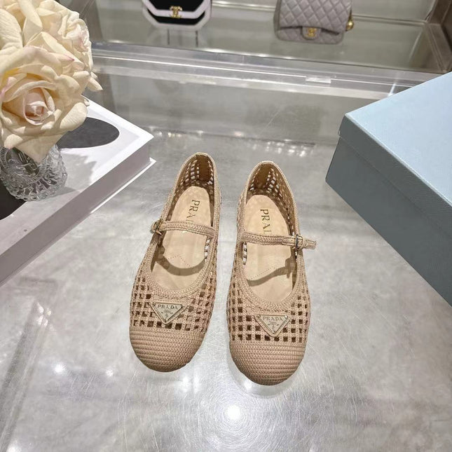 PRADA 26S LOGO PLAQUE MARY JANE FLATS IN NUDE BEIGE WOVEN FIBER
