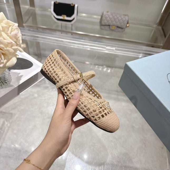 PRADA 26S LOGO PLAQUE MARY JANE FLATS IN NUDE BEIGE WOVEN FIBER