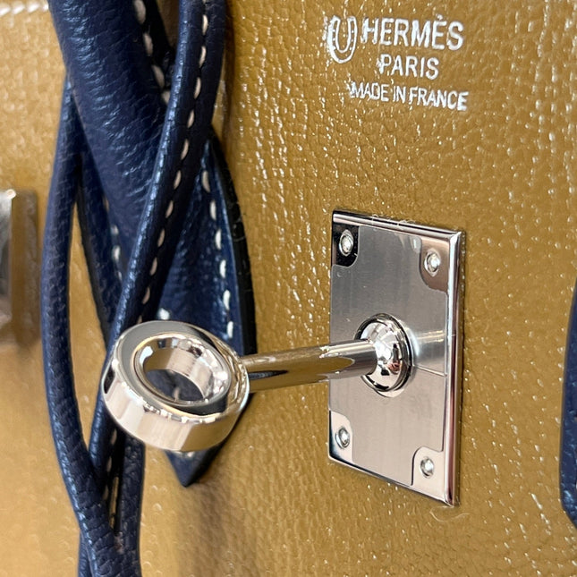 HM 25S BIRKIN 25 CM IN EARTH BROWN AND NAVY BLUE COWHIDE WITH KEY SILVER