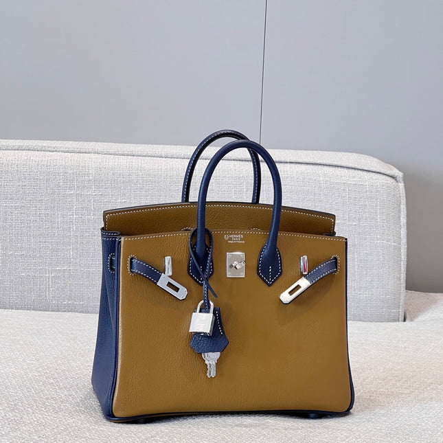 HM 25S BIRKIN 25 CM IN EARTH BROWN AND NAVY BLUE COWHIDE WITH KEY SILVER