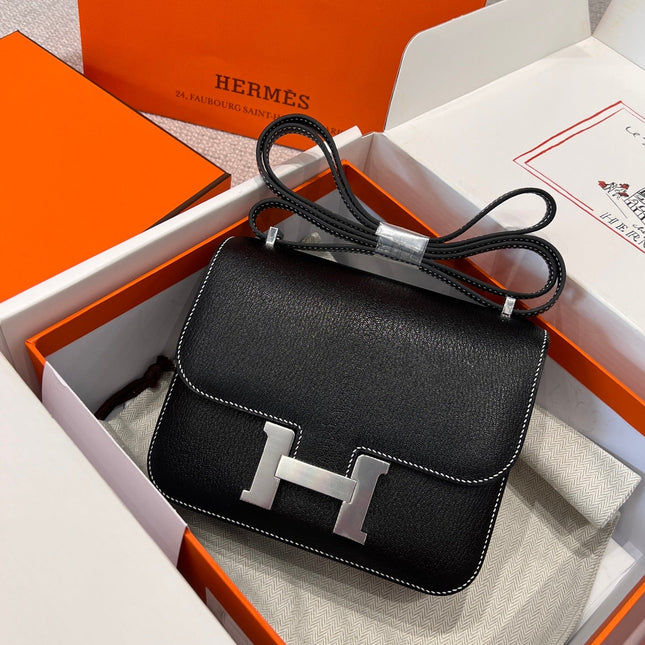 HM 25S CONSTANCE 19 CM IN BLACK EPSOM WITH SILVER HARDWARE