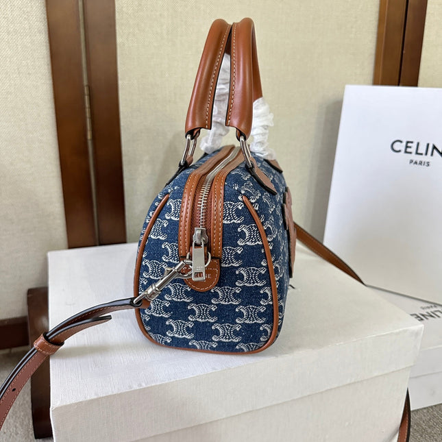 SMALL BOSTON 19 IN SPACE BLUE TRIOMPHE DENIM AND BROWN CALFSKIN TRIM
