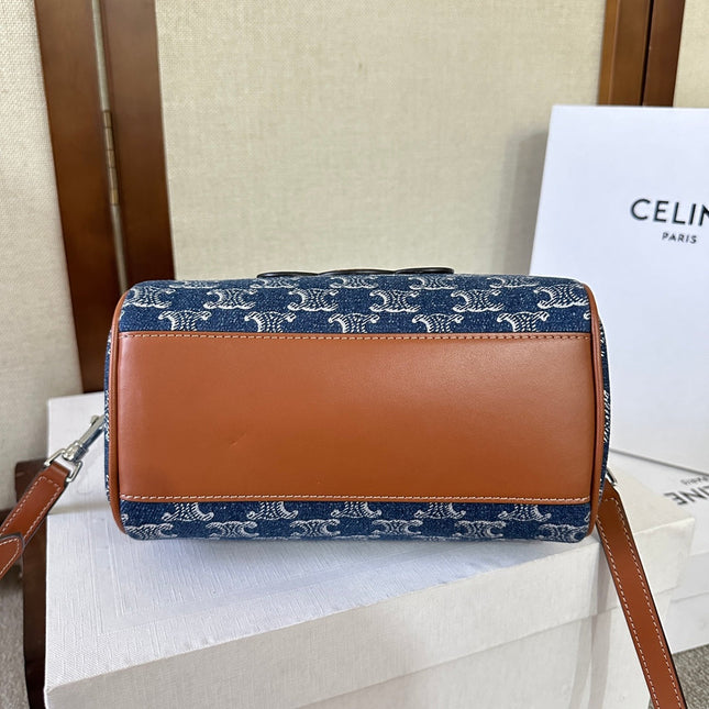 SMALL BOSTON 19 IN SPACE BLUE TRIOMPHE DENIM AND BROWN CALFSKIN TRIM