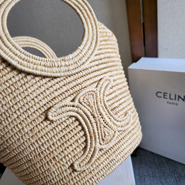 CELINE 26S HANDBAG BRAIDED PANIER 21 IN BEIGE RAFFIA