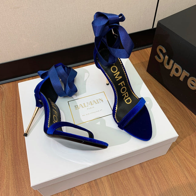 ANKLE SANDAL 10 CM IN NAVY BLUE VELVET AND SILK