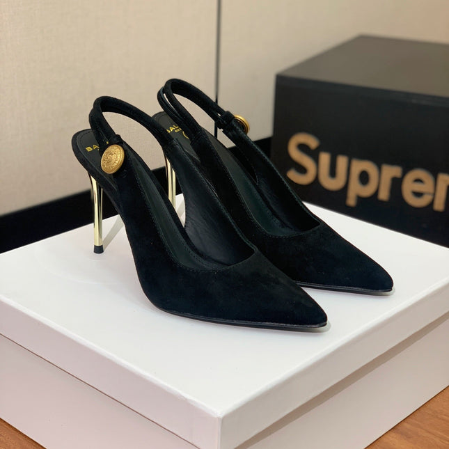 BALMAIN 26S SLINGBACK 95 MM IN BLACK SUEDE