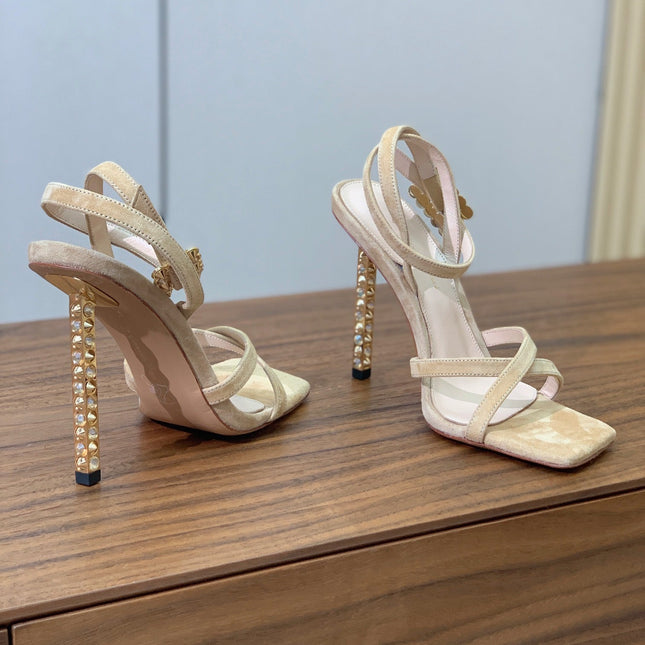 GIANVITO ROSSI 26S CRYSTAL HEELS 105 MM IN BEIGE SUEDE