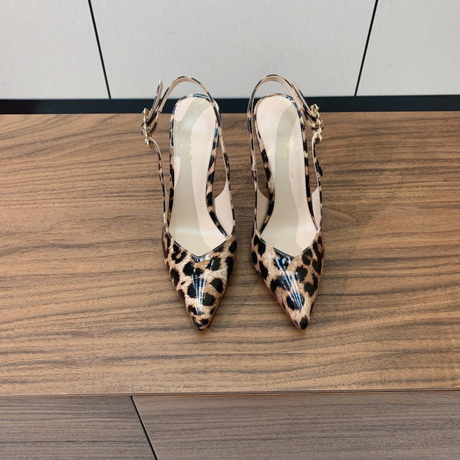 GIANVITO ROSSI 26S SLINGBACK HEELS 105 MM IN LEOPARD PRINT PATENT LAMBSKIN