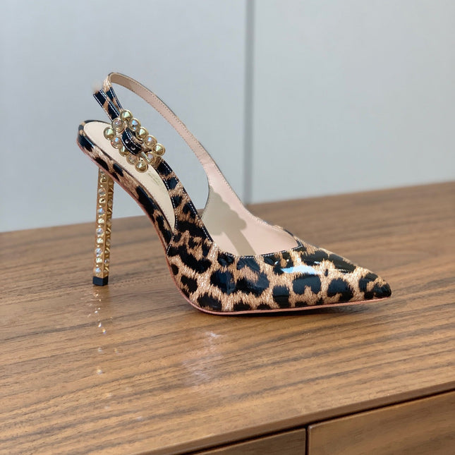 GIANVITO ROSSI 26S SLINGBACK HEELS 105 MM IN LEOPARD PRINT PATENT LAMBSKIN
