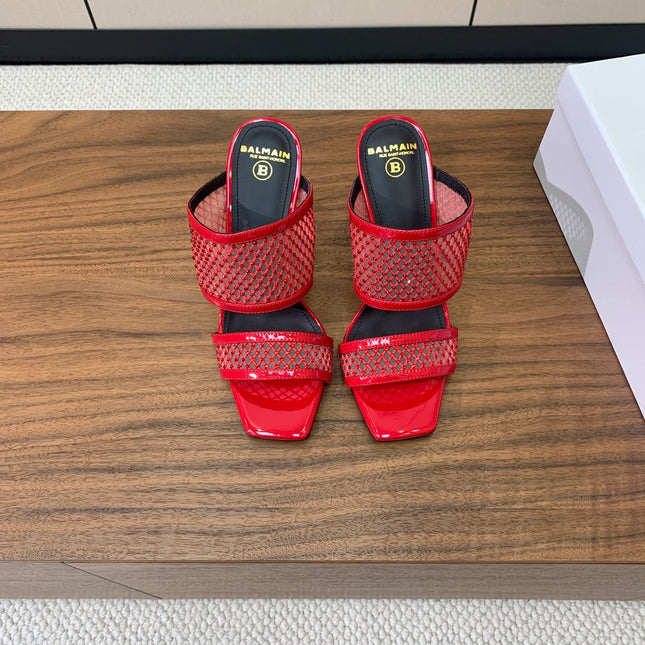 BALMAIN 26S HEEL SANDALS 95 MM IN RED MESH FABRIC WITH CRYSTAL EMBELLISHMENT