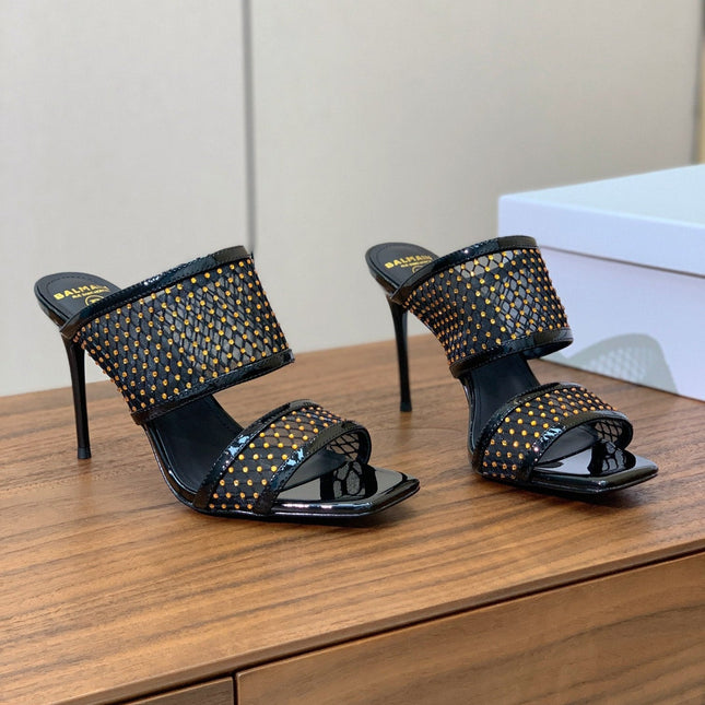 BALMAIN 26S HEEL SANDALS 95 MM IN BLACK MESH FABRIC WITH CRYSTAL EMBELLISHMENT STYLE 1