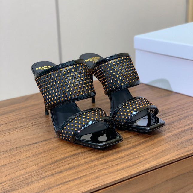 BALMAIN 26S HEEL SANDALS 95 MM IN BLACK MESH FABRIC WITH CRYSTAL EMBELLISHMENT STYLE 1