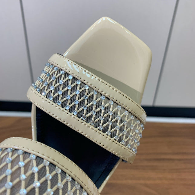 BALMAIN 26S HEEL SANDALS 95 MM IN BEIGE MESH FABRIC WITH CRYSTAL EMBELLISHMENT
