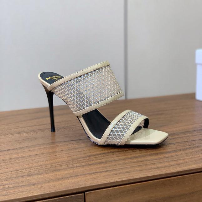 BALMAIN 26S HEEL SANDALS 95 MM IN BEIGE MESH FABRIC WITH CRYSTAL EMBELLISHMENT