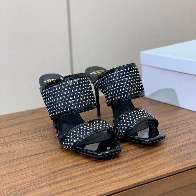 BALMAIN 26S HEEL SANDALS 95 MM IN BLACK MESH FABRIC WITH CRYSTAL EMBELLISHMENT