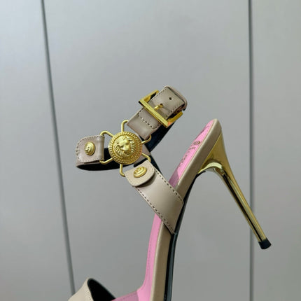 BALMAIN 25S HEELED EVA SANDALS 95MM IN BEIGE AND PINK CALFSKIN