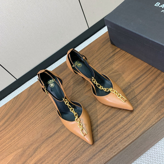 BALMAIN 26S CHAIN HIGH HEELS 95 MM IN LIGHT BROWN CALFSKIN