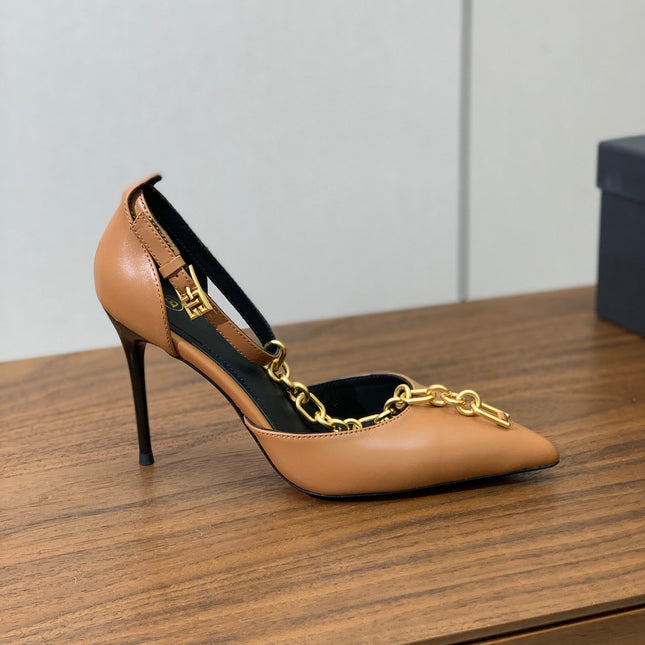 BALMAIN 26S CHAIN HIGH HEELS 95 MM IN LIGHT BROWN CALFSKIN