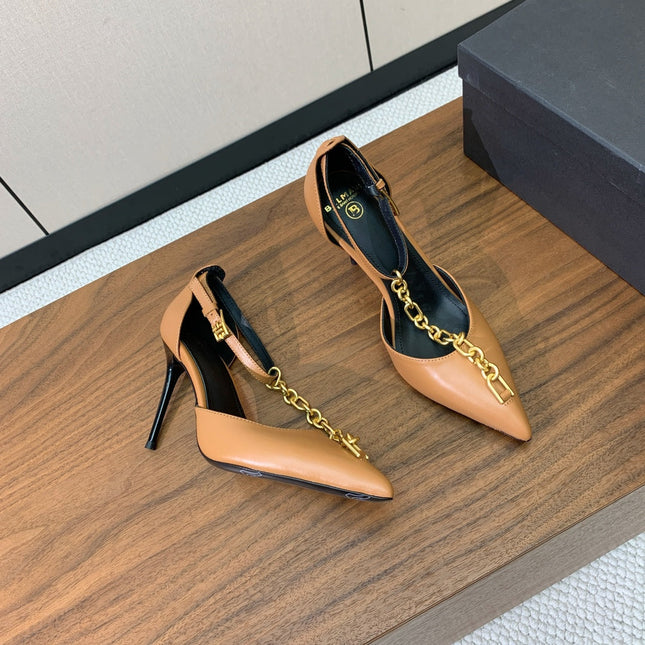BALMAIN 26S CHAIN HIGH HEELS 95 MM IN LIGHT BROWN CALFSKIN
