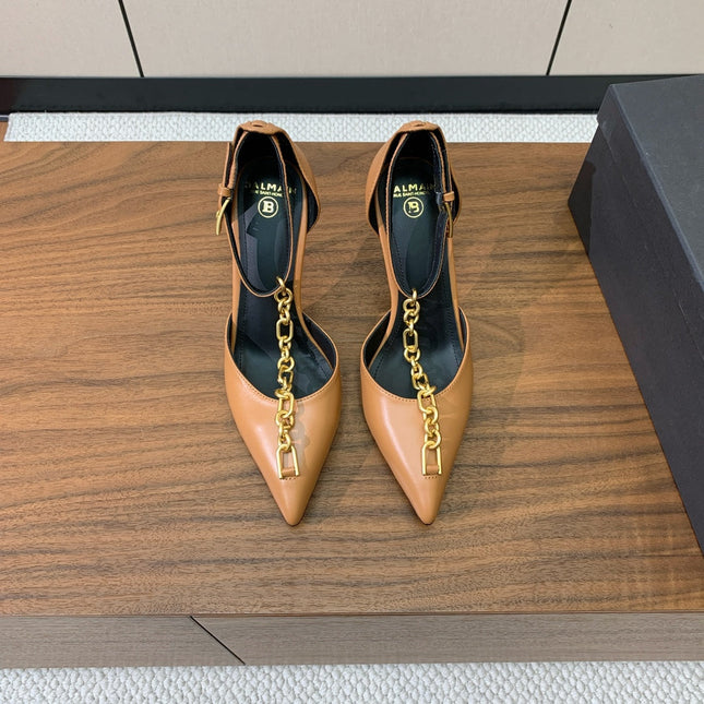 BALMAIN 26S CHAIN HIGH HEELS 95 MM IN LIGHT BROWN CALFSKIN