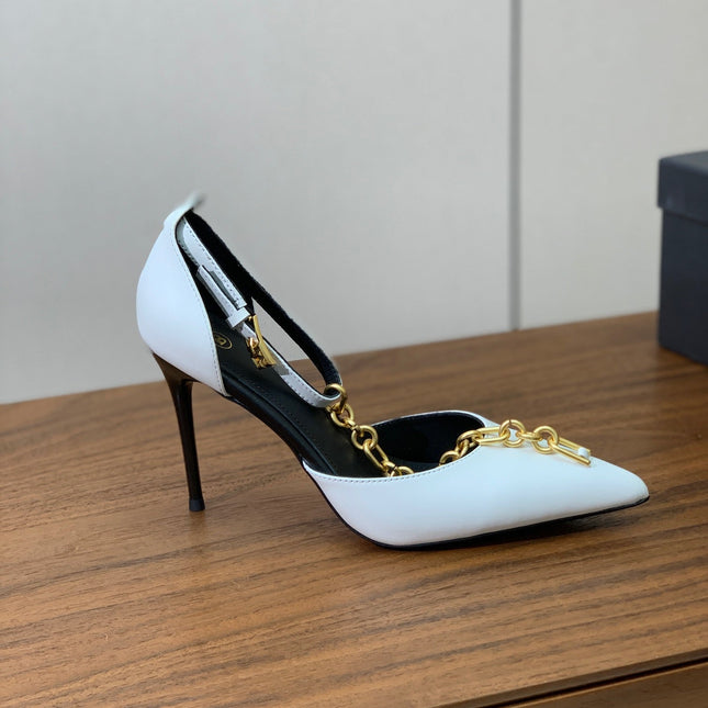 BALMAIN 26S CHAIN HIGH HEELS 95 MM IN WHITE CALFSKIN