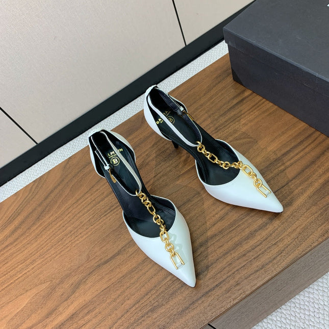 BALMAIN 26S CHAIN HIGH HEELS 95 MM IN WHITE CALFSKIN