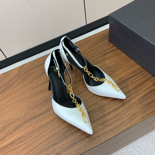 BALMAIN 26S CHAIN HIGH HEELS 95 MM IN WHITE CALFSKIN
