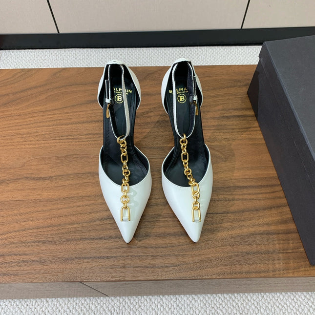 BALMAIN 26S CHAIN HIGH HEELS 95 MM IN WHITE CALFSKIN