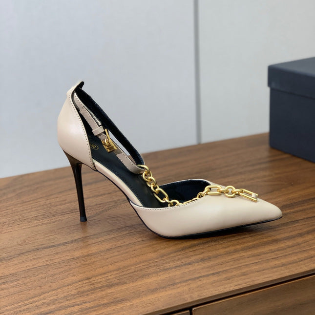 BALMAIN 26S CHAIN HIGH HEELS 95 MM IN BEIGE CALFSKIN