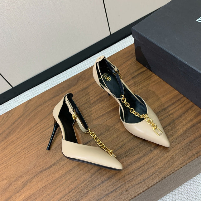 BALMAIN 26S CHAIN HIGH HEELS 95 MM IN BEIGE CALFSKIN