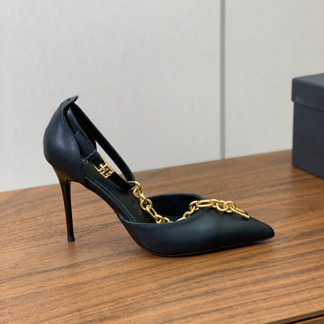 BALMAIN 26S CHAIN HIGH HEELS 95 MM IN BLACK CALFSKIN