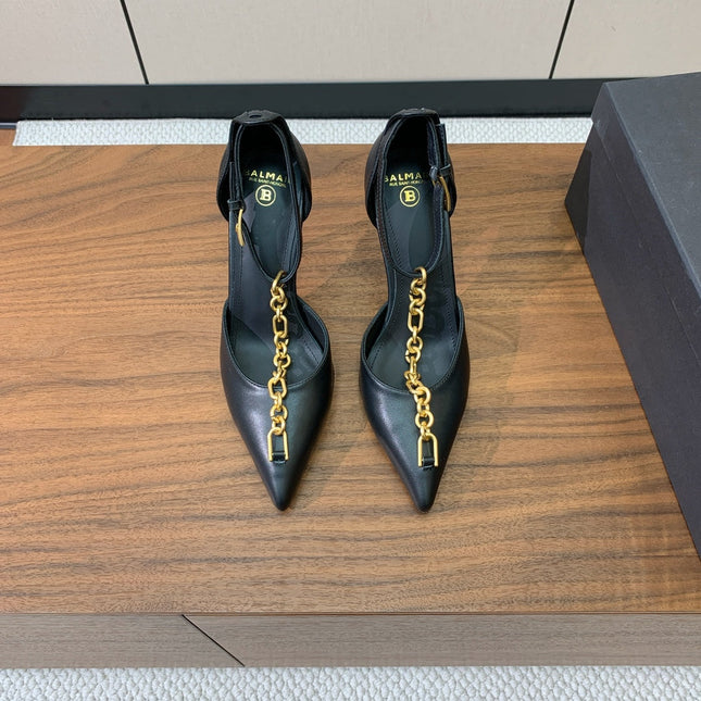 BALMAIN 26S CHAIN HIGH HEELS 95 MM IN BLACK CALFSKIN