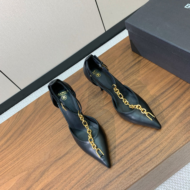BALMAIN 26S CHAIN HIGH HEELS 95 MM IN BLACK CALFSKIN