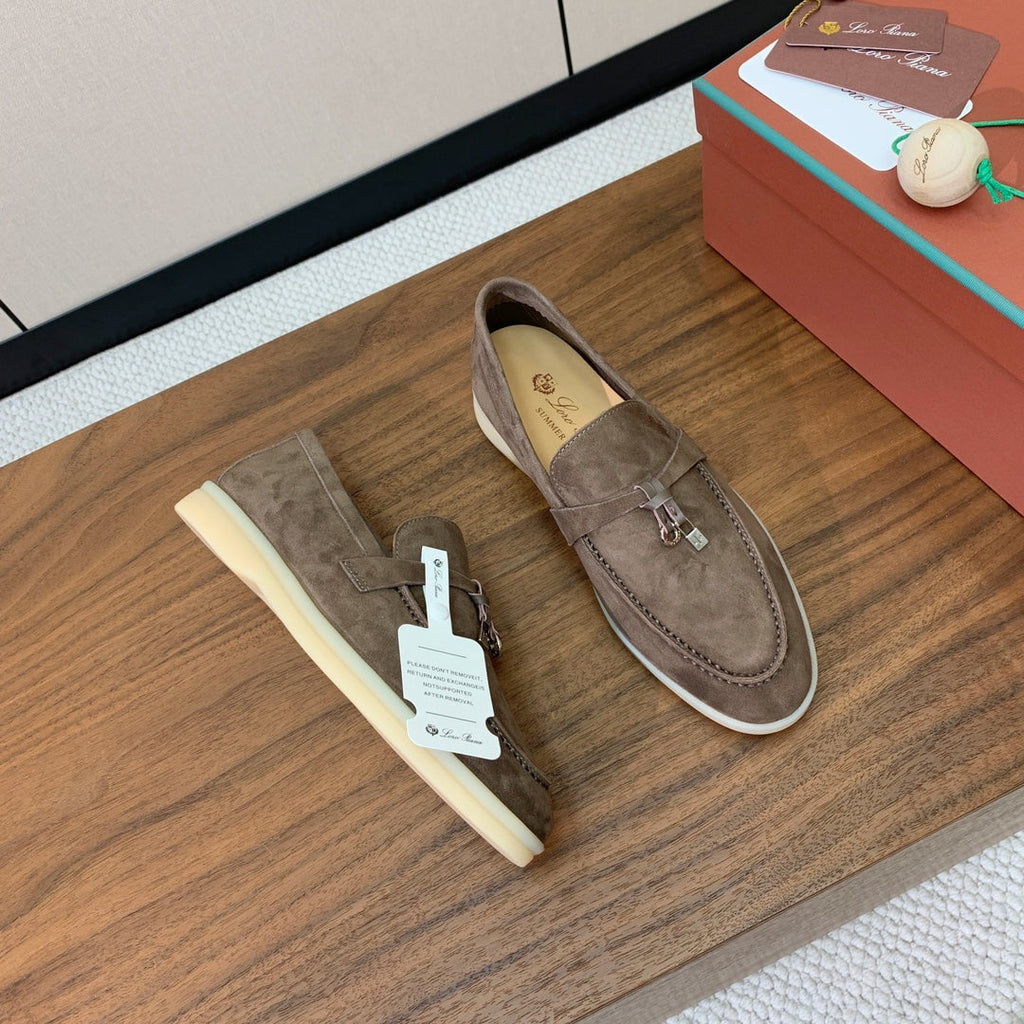 SUMMER WALK LOAFERS BROWN SUEDE SILVER PADLOCK CHARM