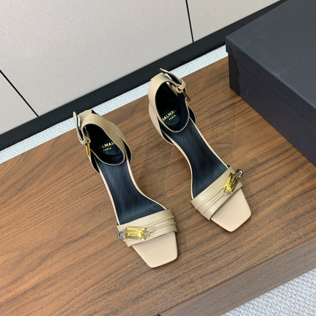 BALMAIN 26S HEELED SANDALS 95 MM IN BEIGE CALFSKIN WITH GOLD HARDWARE