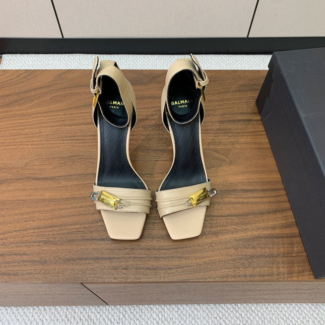 BALMAIN 26S HEELED SANDALS 95 MM IN BEIGE CALFSKIN WITH GOLD HARDWARE